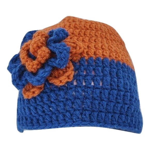 Women’s Homemade Hand Crocheted Orange and Blue Flower Beanie Winter Hat - Picture 2 of 2